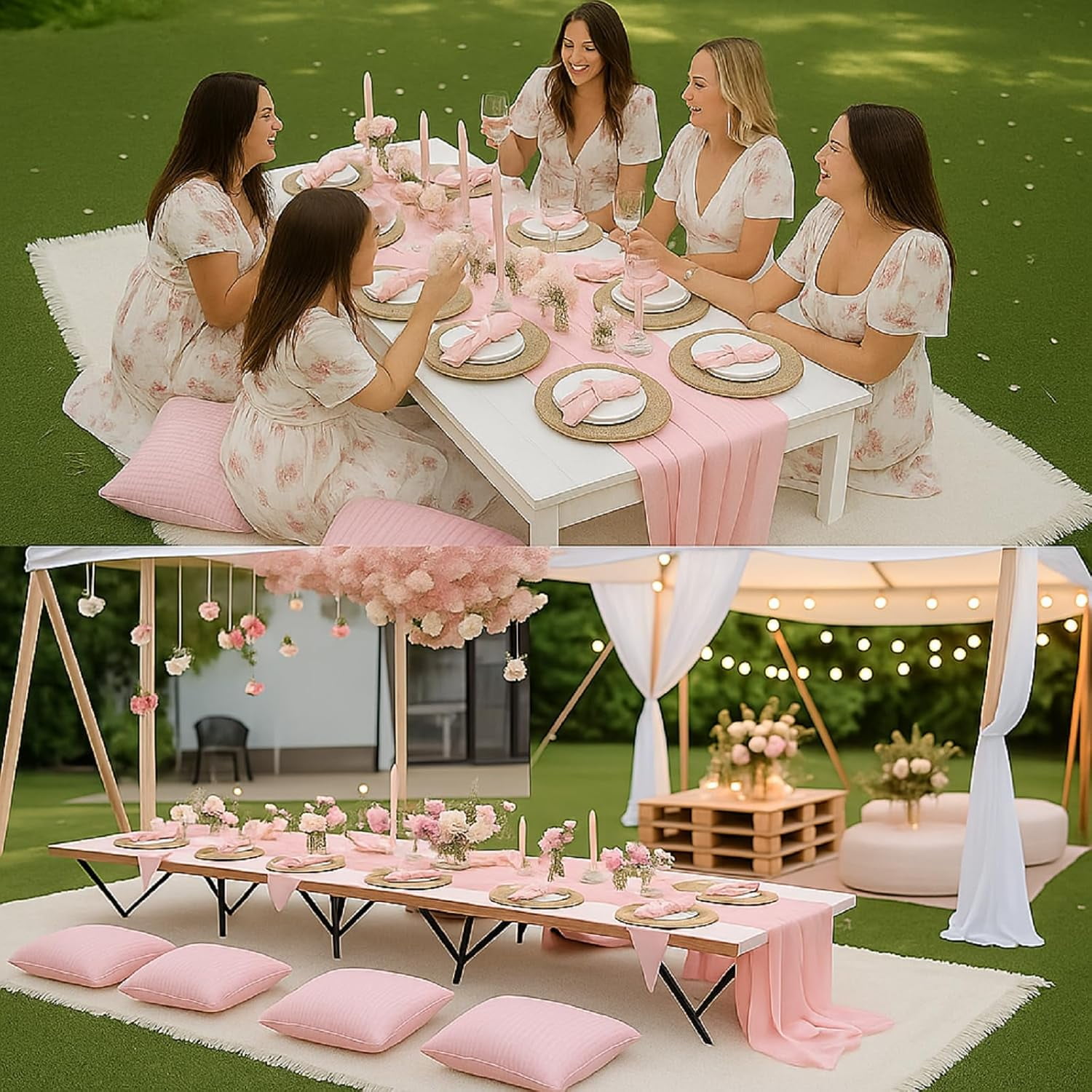 91 x 71 Extra Large Outdoor Boho Picnic Blanket with Pink Table Runner, 6 Throw Pillow Covers 6 Napkins Woven Cotton Yarn Oversize Beach Blanket Washable Picnic Camp Wedding