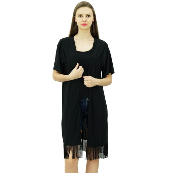 Bimba Women Kimono Solid Shrug With Fringes Exclusive Tassel Cover-Up