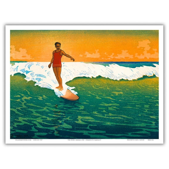 Duke Kahanamoku Surfing - Honolulu Hawaii - Vintage Colored Woodblock Print by Charles W. Bartlett c.1918 - Master Art Print (Unframed) 9in x 12in