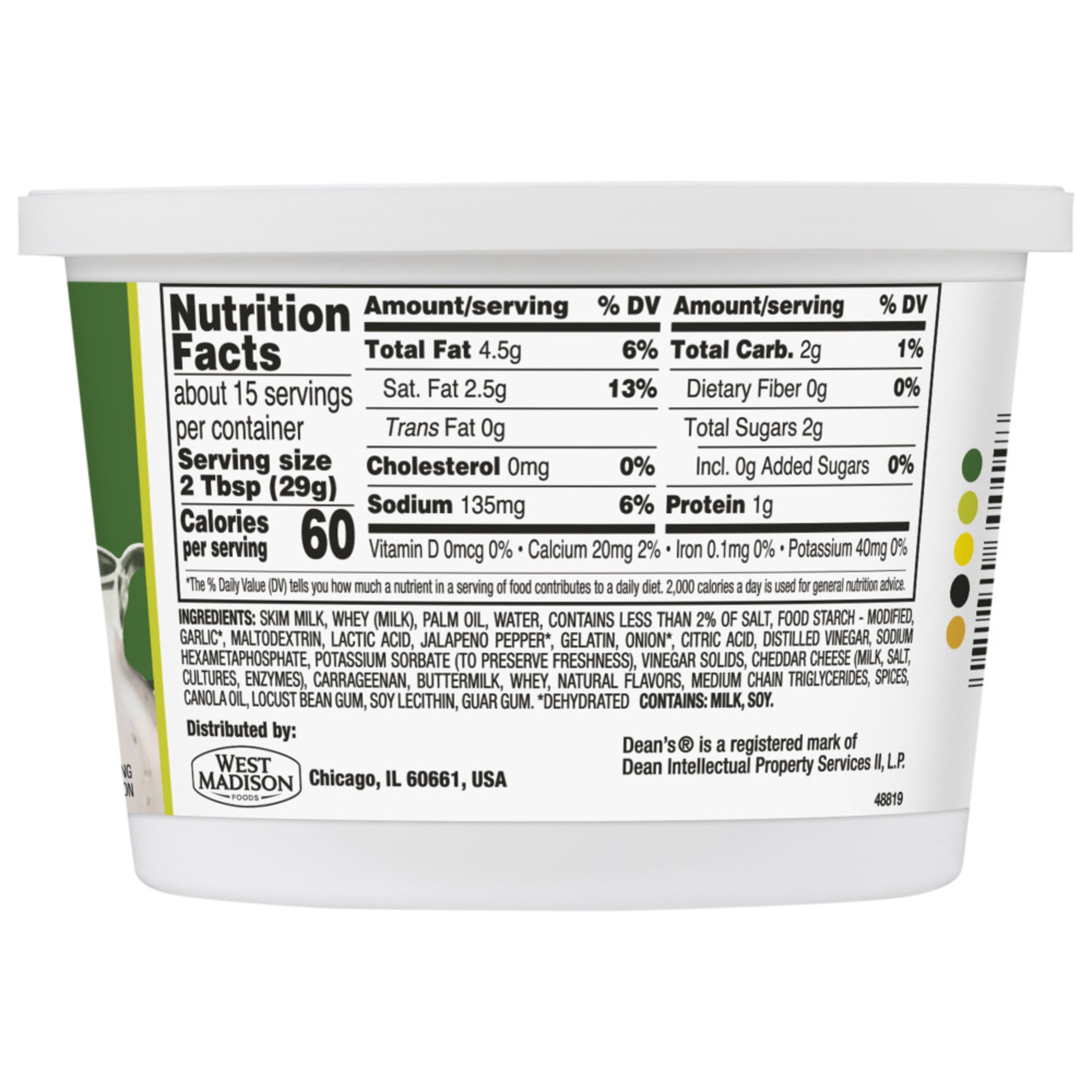 Dean's Jalapeno Popper Dip 16 oz - Gluten-Free & No Trans Fats