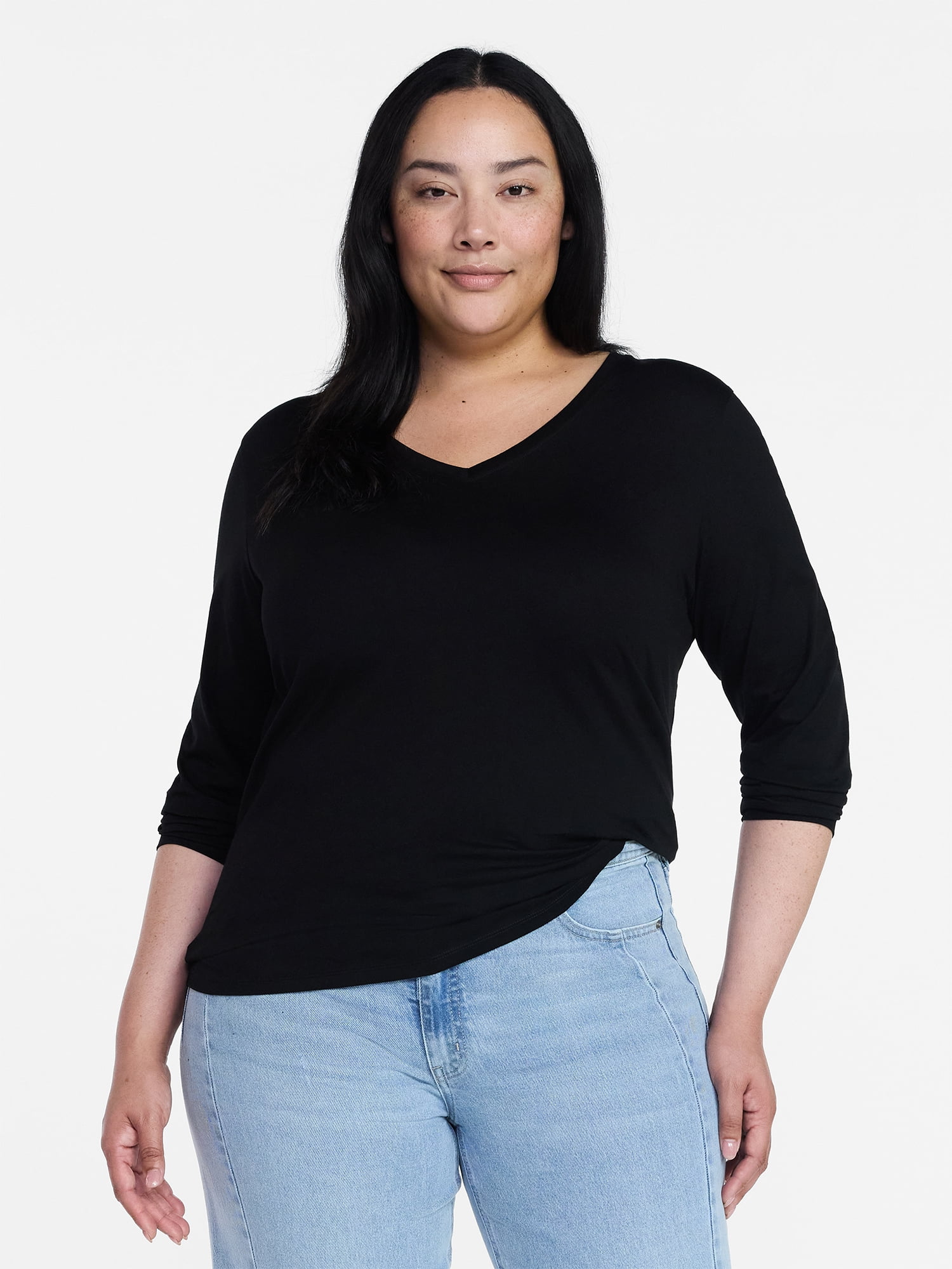 Time and Tru Women's Cotton V-Neck Tee with Long Sleeves, Sizes XS-XXXL