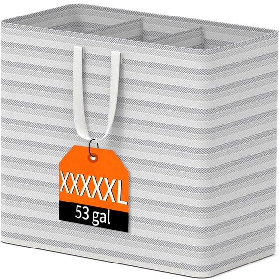 53 Gal/200L Large Laundry Hamper with 3 Compartments, Collapsible Laundry Basket with Handles, Waterproof Clothes Storage Bin for Bedroom, Bathroom, Laundry Room, Grey Herringbone