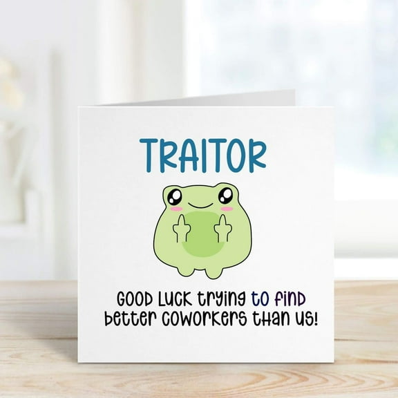 Funny Coworker Farewell Card – "Traitor" Frog Design – Humor and Good Luck Wishes for Colleagues – Blank Inside for Personal Messages – Perfect for Office Farewell Celebrations