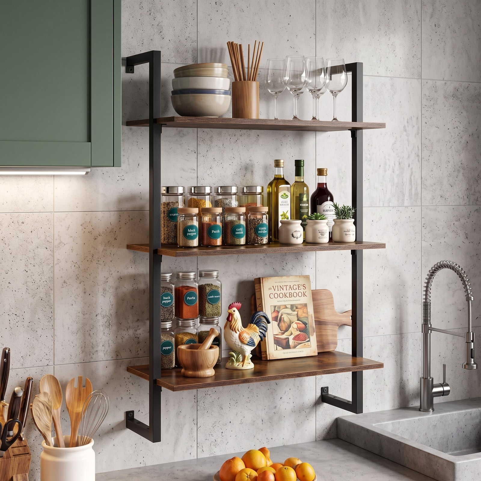 Furnibear 3-Tier Floating Wall Shelf, Modern Wood Bookcase Wall-Mounted Storage Rack for Living Room Bedroom Kitchen Home Office Bathroom, Rustic Brown and Black