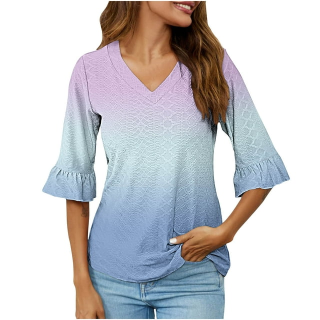 UNITWRY Summer Tops For Women Half-Sleeve V-Neck Blouse T-Shirt Gradient Ruffled Sleeve Tunic Top