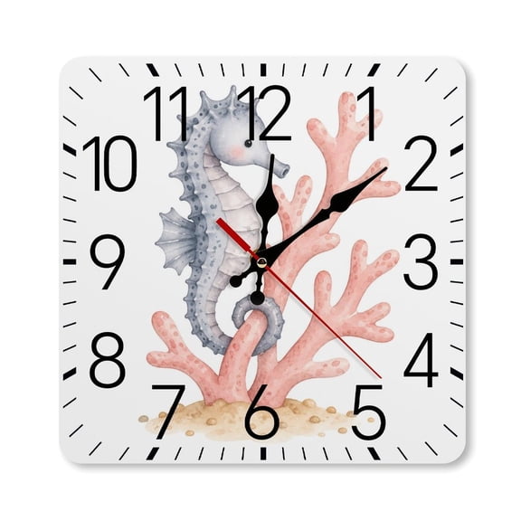 RKSupls 10×10inch Square Silent Wall Clock Wooden Frame, Seahorse Coral Cute Scale Decorative Clock for Home Bedroom Living Room Office