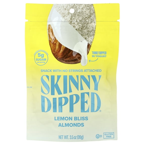 SkinnyDipped Lemon Bliss Yogurt Covered Almonds, Healthy Snack, Plant Protein, Gluten Free, 3.5 oz Resealable Bag