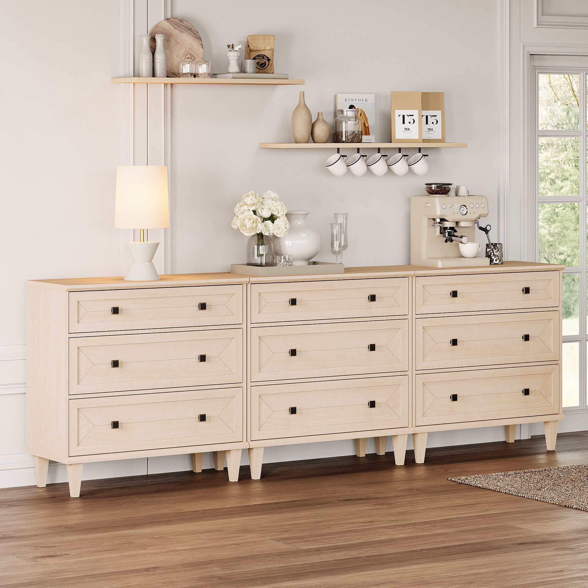 WAMPAT Handmade Patchwork 94.5" TV Stand with 9 Drawers, Fits up to 100" TV, Beige
