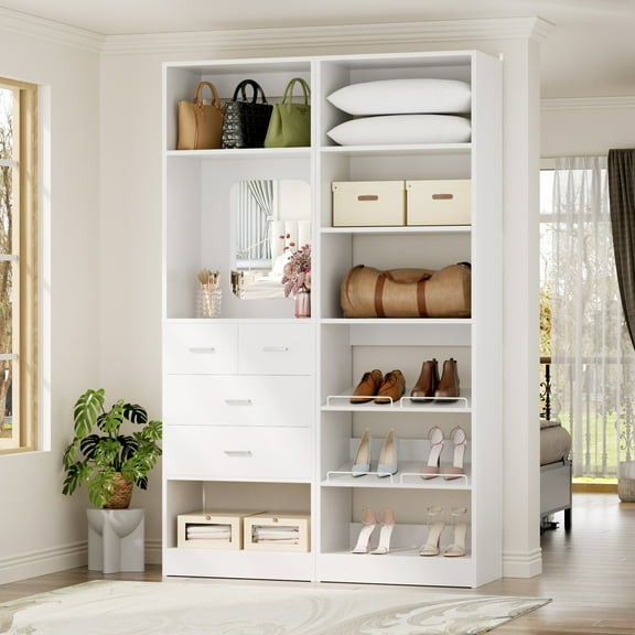 iSunirm 50" Closet Organizer Set of 2 – Wooden Walk-in Closet System with 4 Drawers, 2 Hanging Rods, Mirror & Shoe Rack, Heavy Duty Wardrobe Closet for Bedroom, 79.7" Height, White