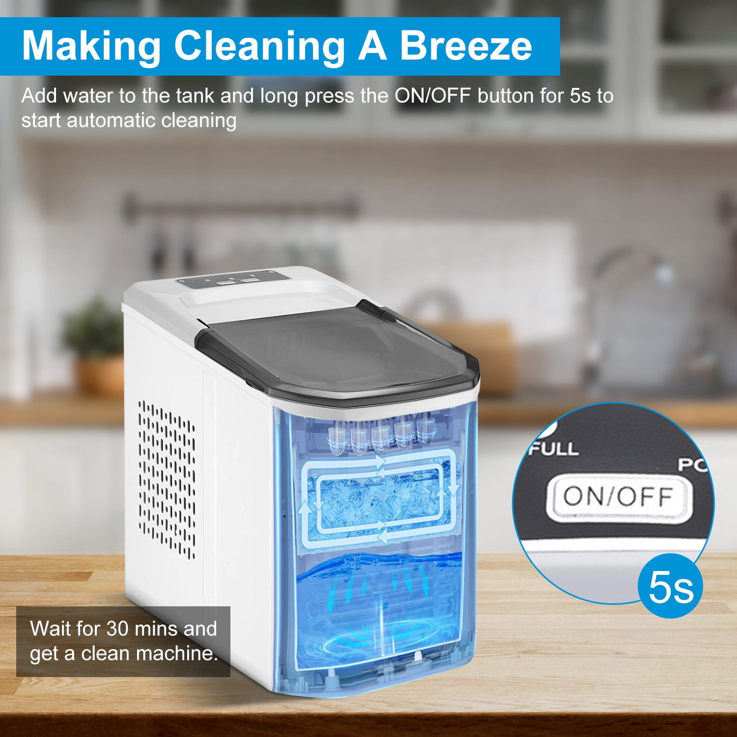 Moclever Electric Ice Maker Machine, Countertop Ice Maker Self-Cleaning Max 33LBS/24Hrs with Ice Scoop Basket for Home Office Party, White