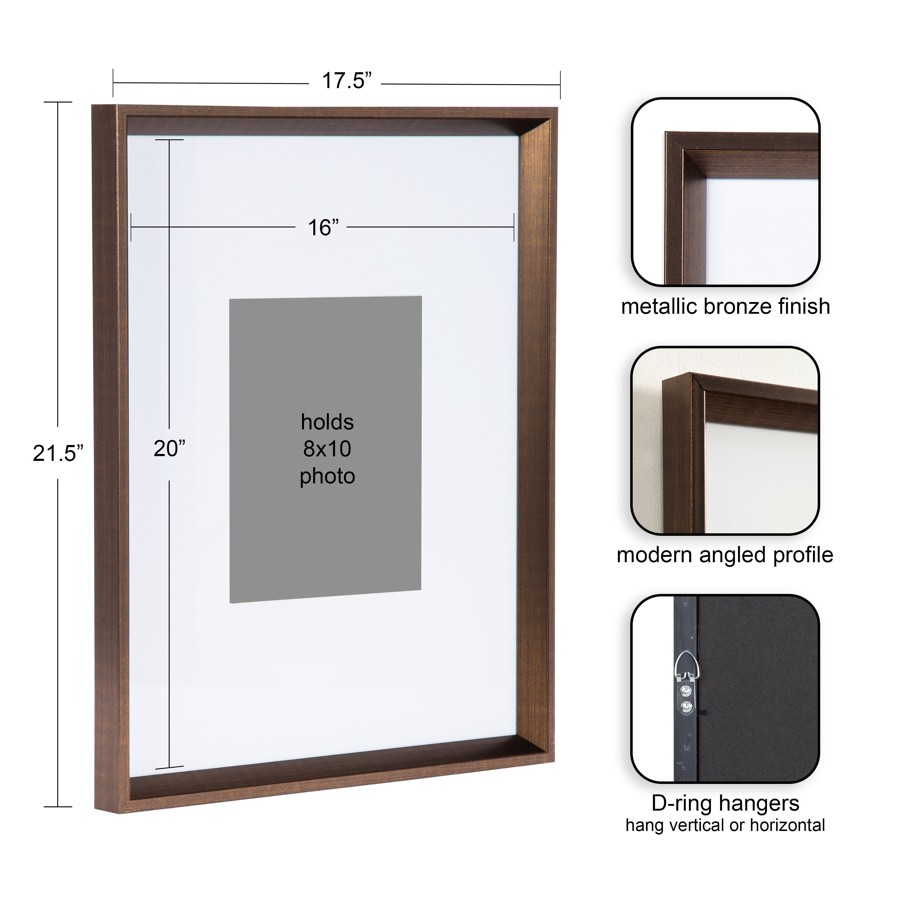Kate and Laurel Calter Modern Wall Picture Frame Set of 3, 16x20 matted to 8x10, Bronze, Transitional Three-Piece Frame Set for Gallery Wall Frame Set in Living Room Wall Decor