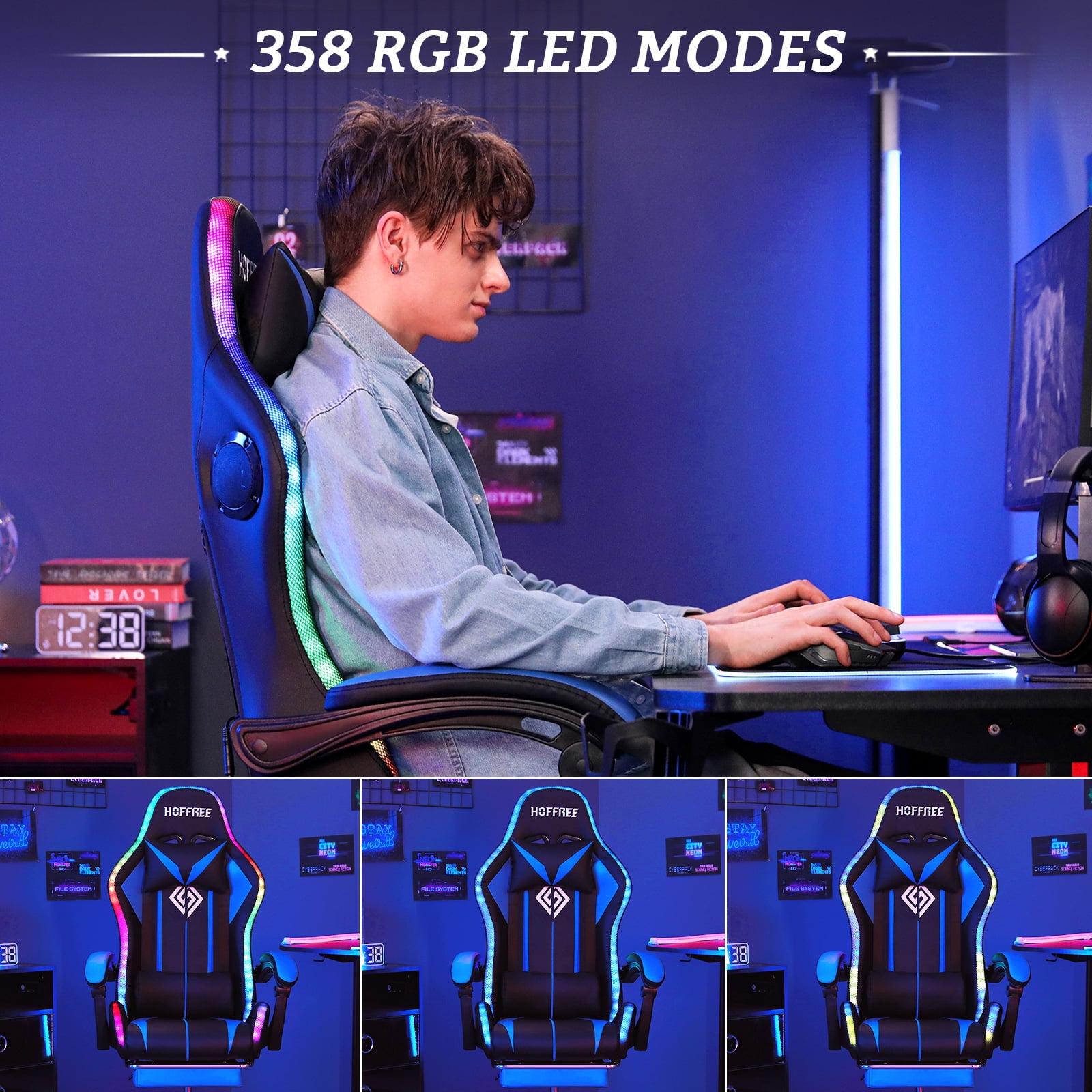 Hoffree Gaming Chair with Bluetooth Speakers and Footrest Massage Office Chair with LED Lights Ergonomic Game Chair High Back with Lumbar Support and Headrest Adjustable Swivel for Adults 300lb