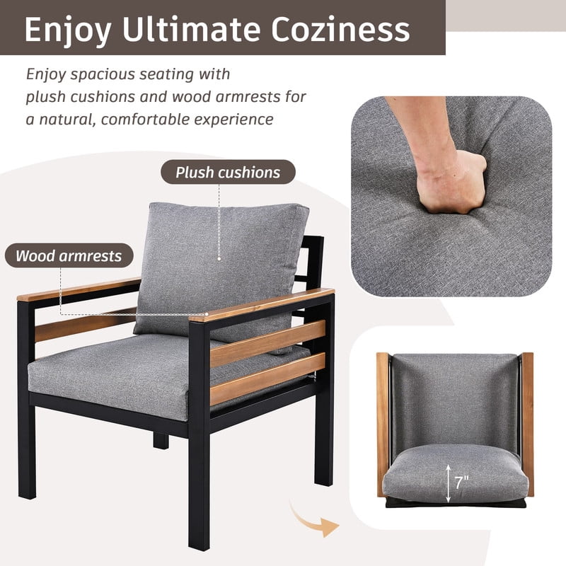 4-Piece Patio Furniture Set with Removable Cushion and Solid Wood Coffee Table, Outdoor Conversation Set with Acacia Wood Armrests & 3-Seat Sofa