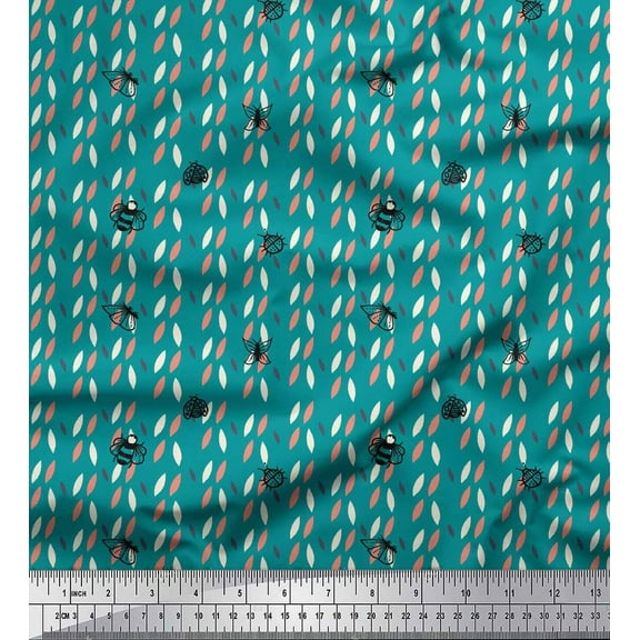 Soimoi Green Cotton Duck Fabric Bee & Lady Bird Insect Printed Fabric 1 Yard 42 Inch Wide