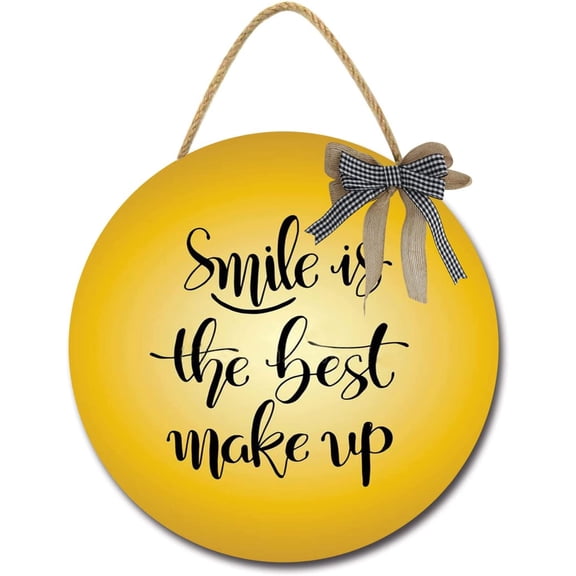 Eveokoki 12" Smile Is The Best Make Up Door Sign Plaque,Welcome Wall Hanging Signs Front Door Decor Home Decorative Door Sign Wooden Plaque Hanger for Bedroom Porch Yard Decoration
