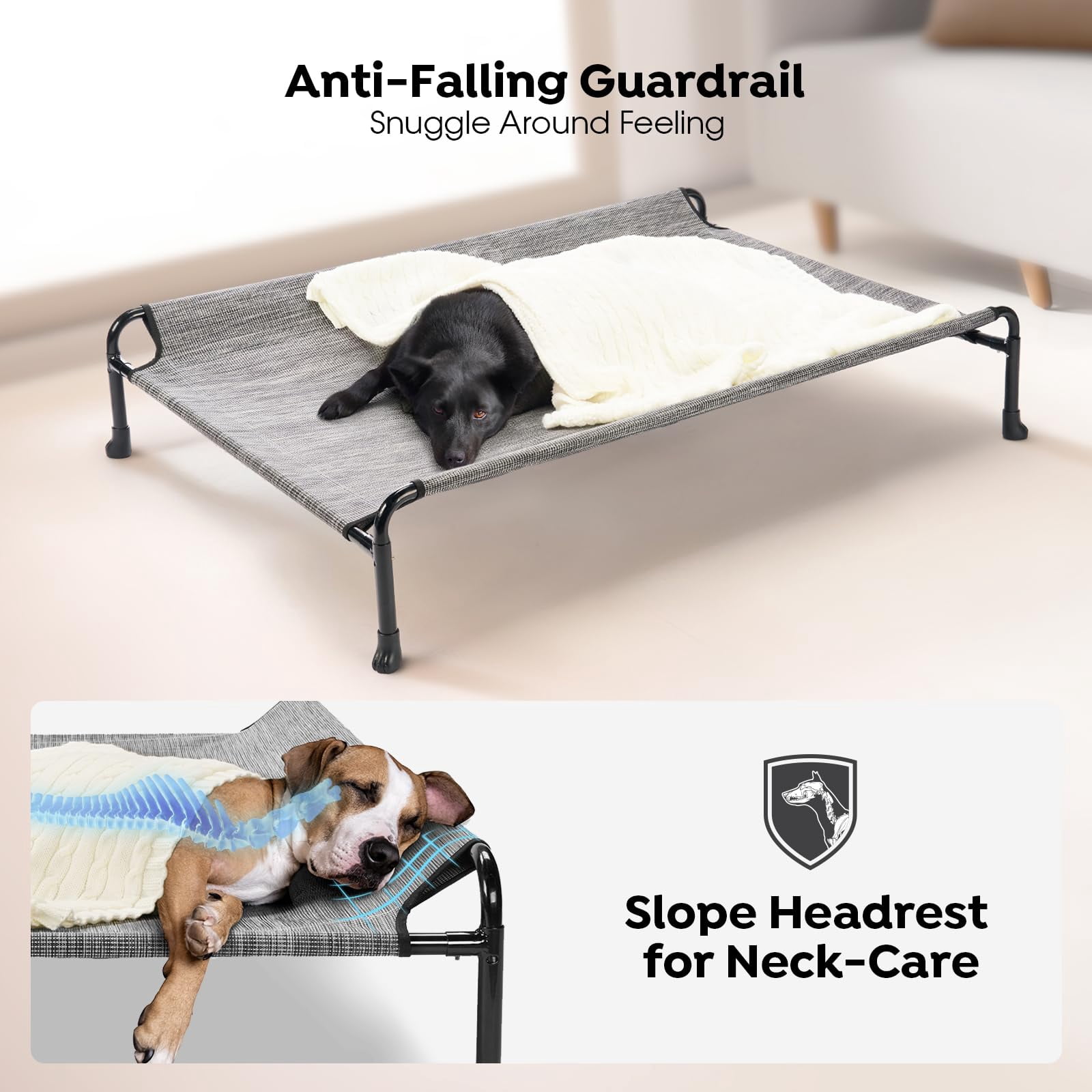 Elevated Dog Bed  Raised Cots For Large Dogs Waterproof Outdoor Pet Hammock With Guardrail Upgraded Non-slip Feet Breathable Teslin Mesh Black 41x 27 Inches