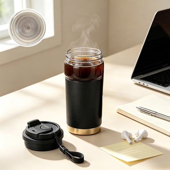 14 oz Drink Coffee Cup, High Borosilicate Glass Straw Tumbler with Stainless Steel Inner for Office or Travel
