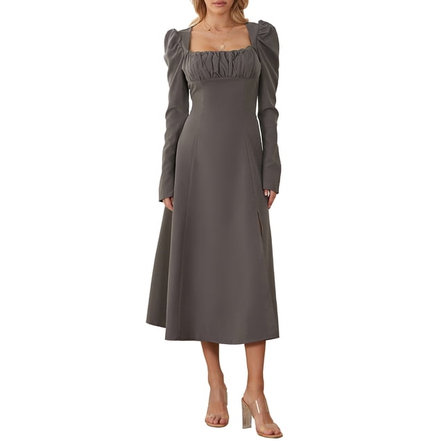 Faithtur Femmes à Manches Longues Robe Décontractée Couleur Unie Fendue une Ligne Robe de Soirée pour les Vacances de Plage Cocktail Club Streetwear