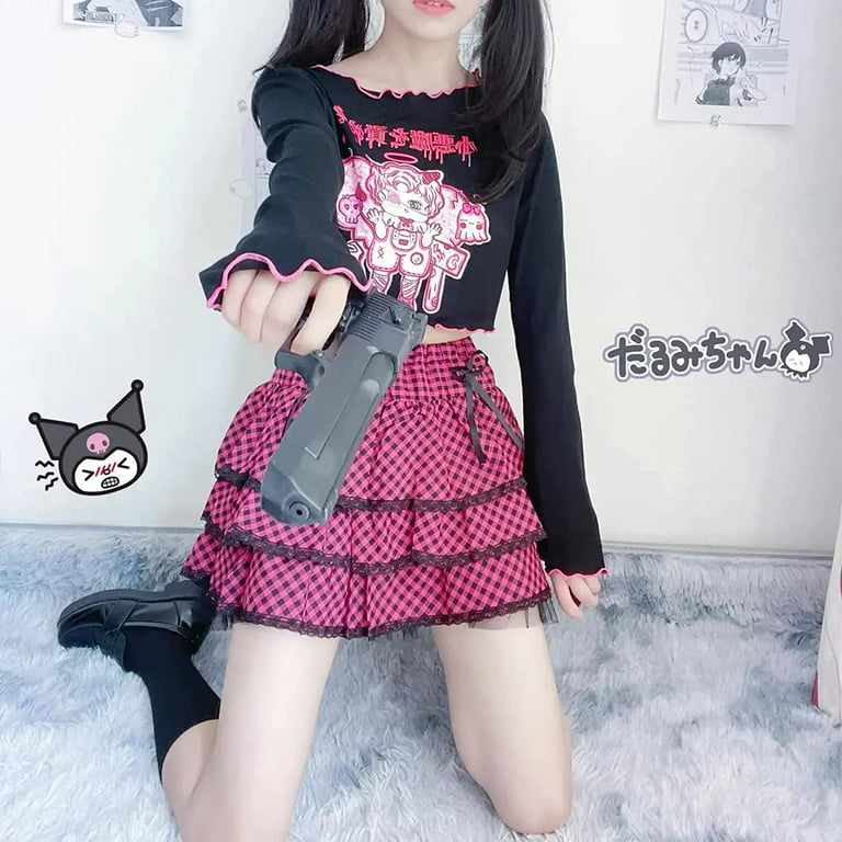 DanceeMangoo Y2k Emo Goth Kawaii Crops Tops Tee Black Pink Long Sleeve Teen  Girl Clothes Anime Cute Aesthetic Shirts12 14 Gift 