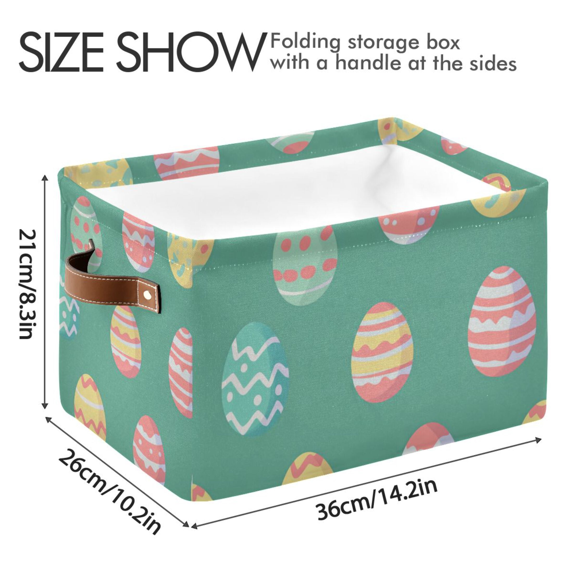 WOBOGO A Pattern Of Colorful Easter Eggs Square Storage Basket with Waterproof Canvas and PE Lining Durable PU Leather Handles 14.2×10.2×8.3in