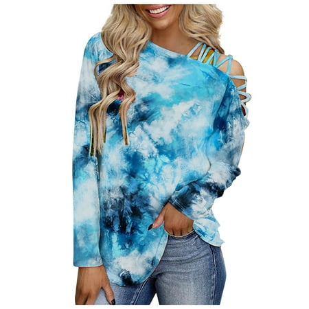 

Ziloco Round-Neck Blouses & Shirts Womens Oversized Tshirts Women Printed Tie-Dye Hollow Out O-Neck Long Sleeve Casual Tee Tops Blouse Corset Top