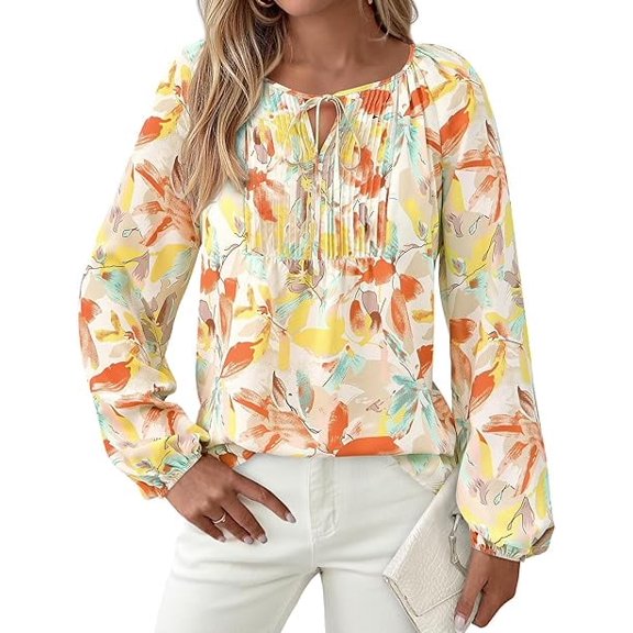 PRETTYGARDEN Boho Tops for Women Going Out Floral Long Sleeve Shirts Dressy Casual Work Blouses Drawstring Fall Outfits