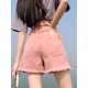 thumbnail image 2 of Pantalones cortos de mezclilla rosa para mujer, con borde sin rematar, de cintura alta, sencillos, de estilo japonés, para verano, ropa de calle informal., 2 of 6