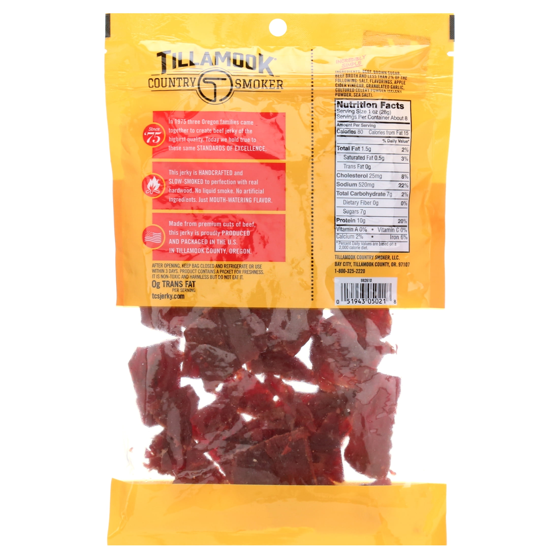 Tillamook Country Smoker Beef Jerky, Old Fashioned, 10g Protein per Serving, 8 Oz Bag