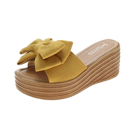 

Dvkptbk Slippers Women Bowknot Beach Summer Slippers Platform Slope Heels Plus Size Shose Yellow 39