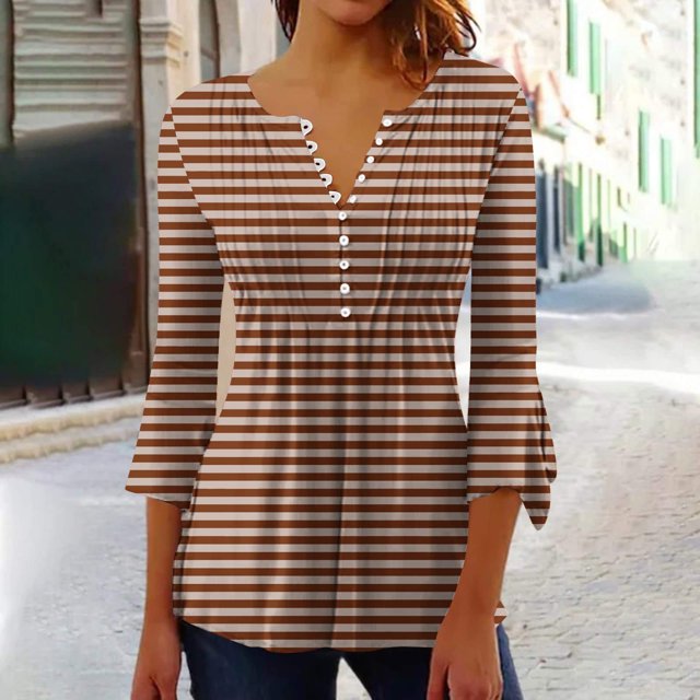 RXIRUCGD Blouse T-Shirt Décontractée à Manches Courtes Imprimée Mode Rayée pour Femmes, Marron, Taille : L