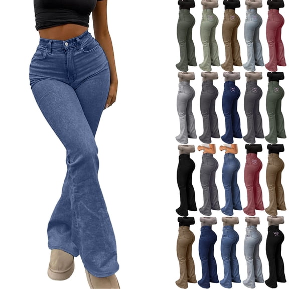 QATAINLAV Women High Waist Wide Leg Bootcut Jeans Casual Bell Bottom Denim Trouser Solid Color Flare Jean Pants with Pockets Pink S