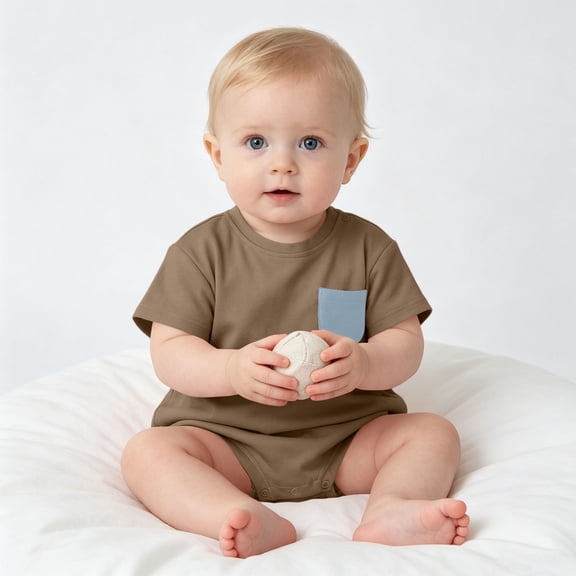 Newborn Baby Soft Bodysuit Short Sleeve Crewneck Onesie Infant Boys Girls Summer Comfortable Breathable Outfits Coffee 18-24 Months
