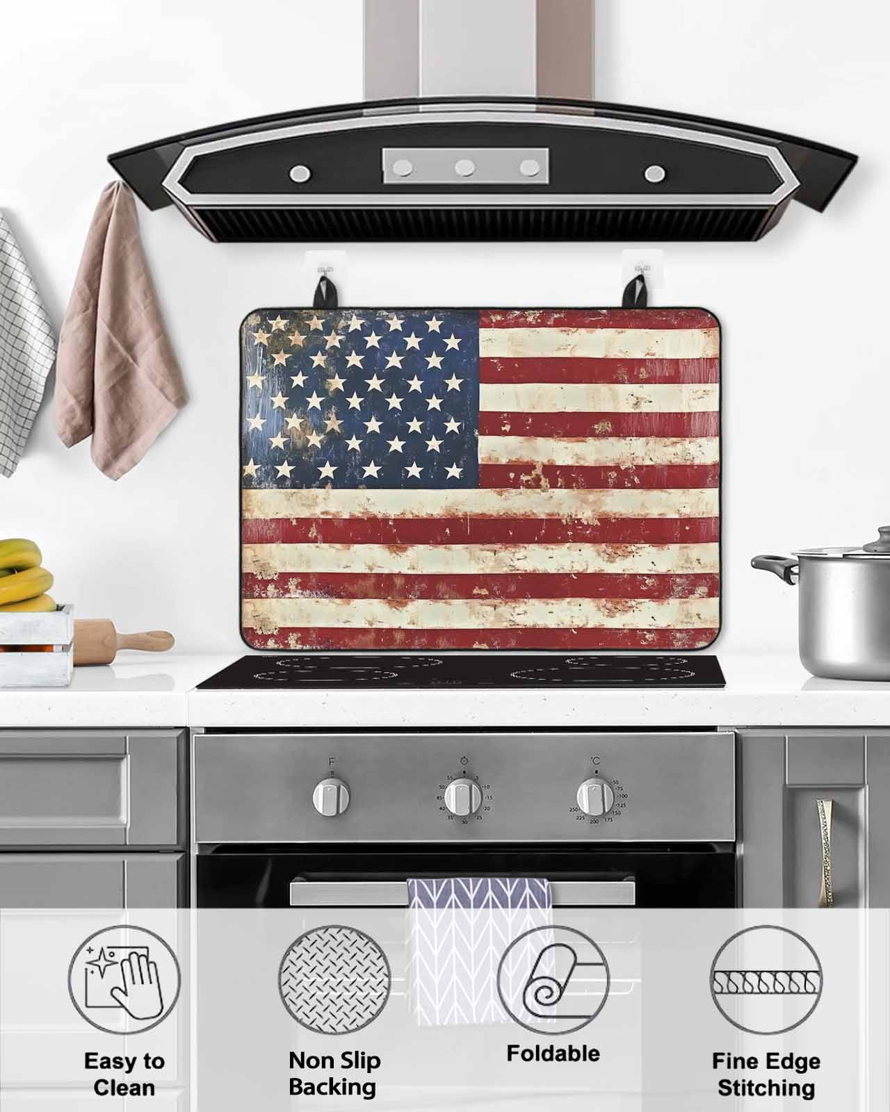 nqOlkjepod Large Induction Cooktop Protector Mat 24"x21", American Flag Stove Top Covers for Electric Stove, Vintage Blue Red USA Flag Retro Decorative Stove Burner Cover Mats, Glass Top Stove Cover