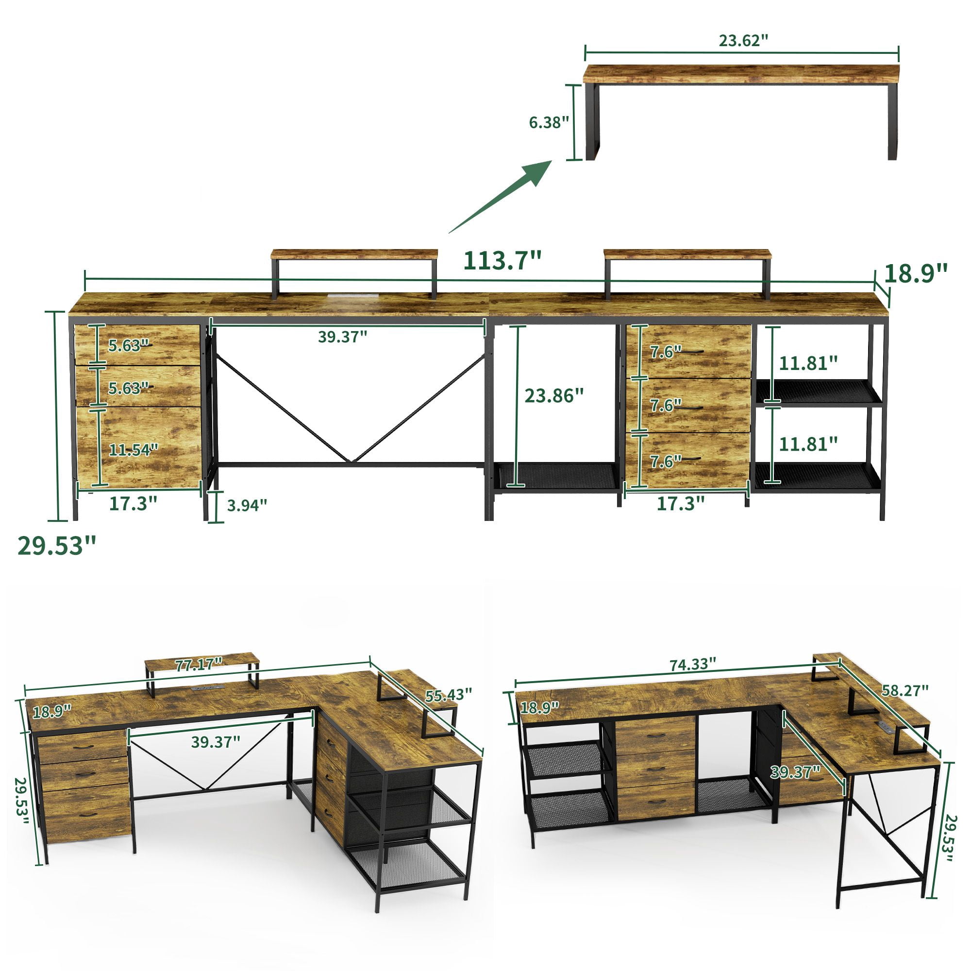 L-Shaped Desk with Power Outlets and USB-C, 114 in Corner Computer Desk with 6 Fabric Drawers, 3 Open Shelves, Movable Monitor Stands, Steel Frame, for Home Office and Gaming