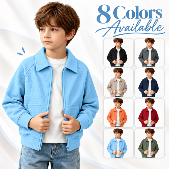 Zip up Sweatshirt for Boys - Fall Waffle Long Sleeve Pockets Outerwear - Casual Lapel Collar Outdoor Sweatshirt Jackets, 7-8 Years