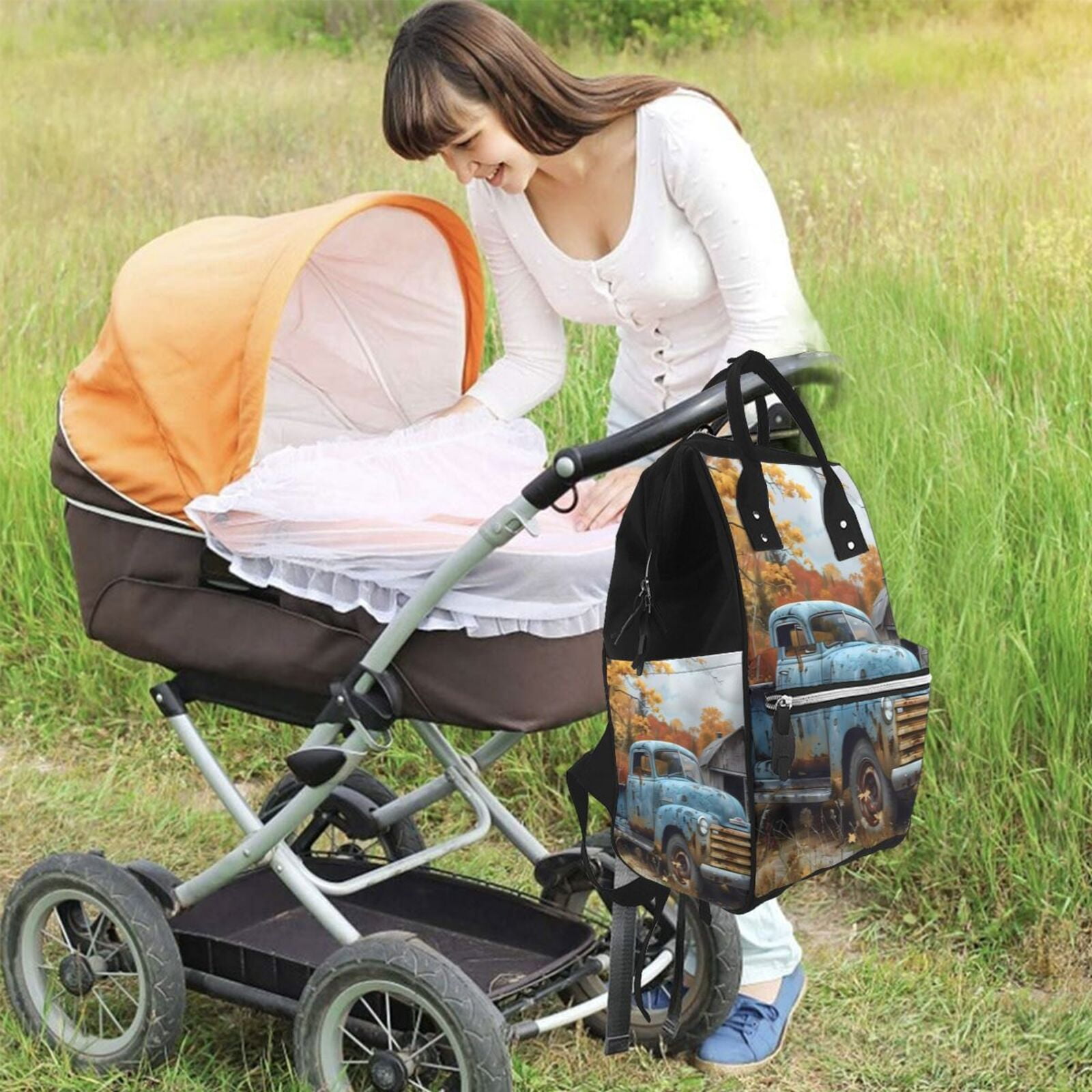 Fuzoiu Rustic Vintage Truck Autumn Print Diaper Bag Backpack,Baby Essentials Travel Tote,Multi function Waterproof Diaper Bag, Travel Essentials Baby Bag - Unisex
