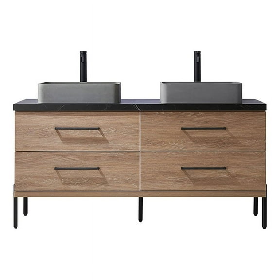 Trento 60" Double Sink Bath Vanity in North American Oak w/ Black Sintered Stone