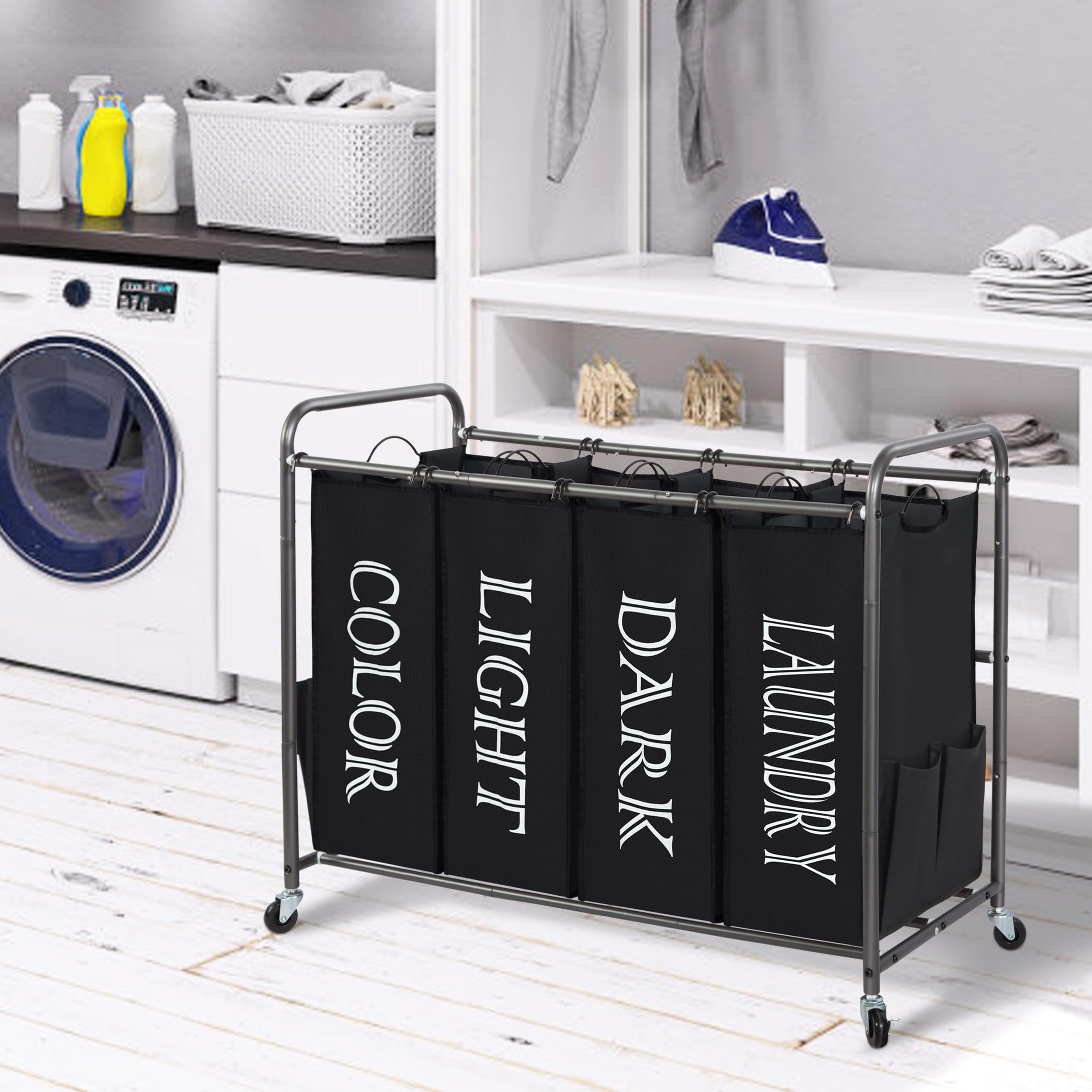 Laundry Sorter 4 Section, 47.8 Gal (181 L) Laundry Hamper with Wheels, Clothes Divider Basket Sorter, Clothes Separator Hamper Cart with Wheels and Removable Bags, Black