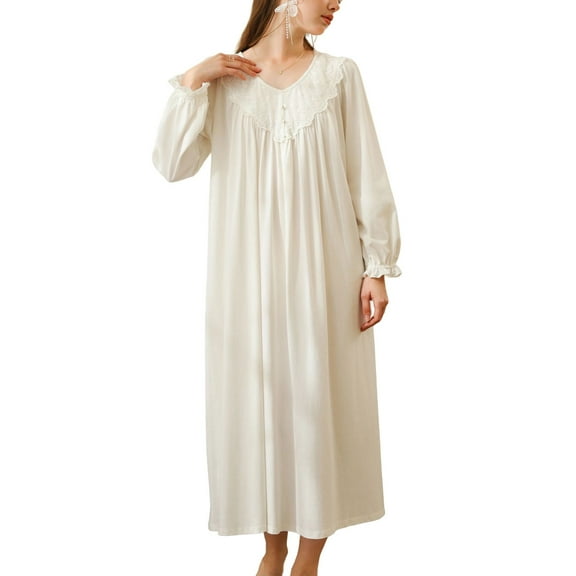 Defitshape Women's Long Sleeve Victorian Nightgown Vintage Night Dress Loose Autumn Baggy Mid Calf Bishop Sleeve Night Gown White Large