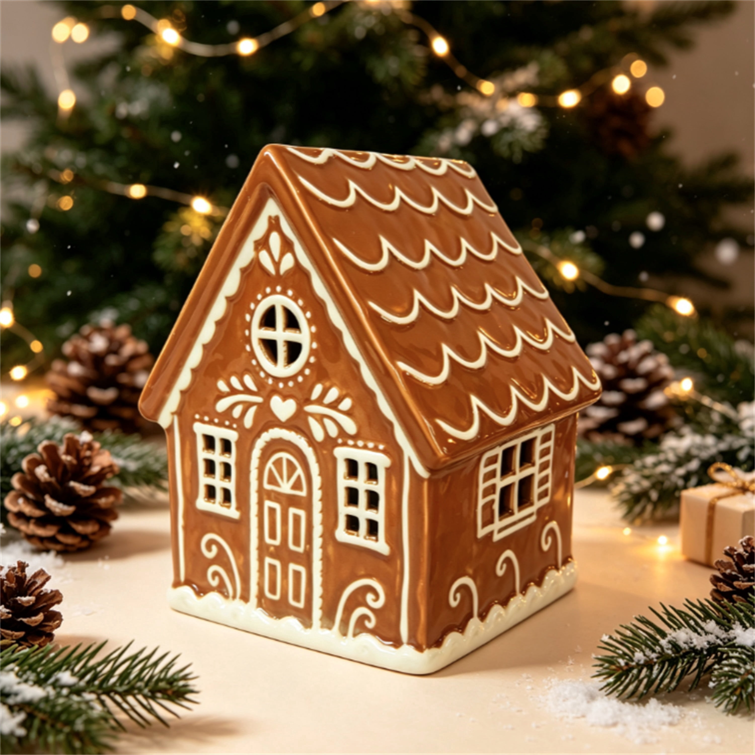 Ceramic Gingerbread House Christmas Decoration, Brown and White, 6.8", by Holiday Time