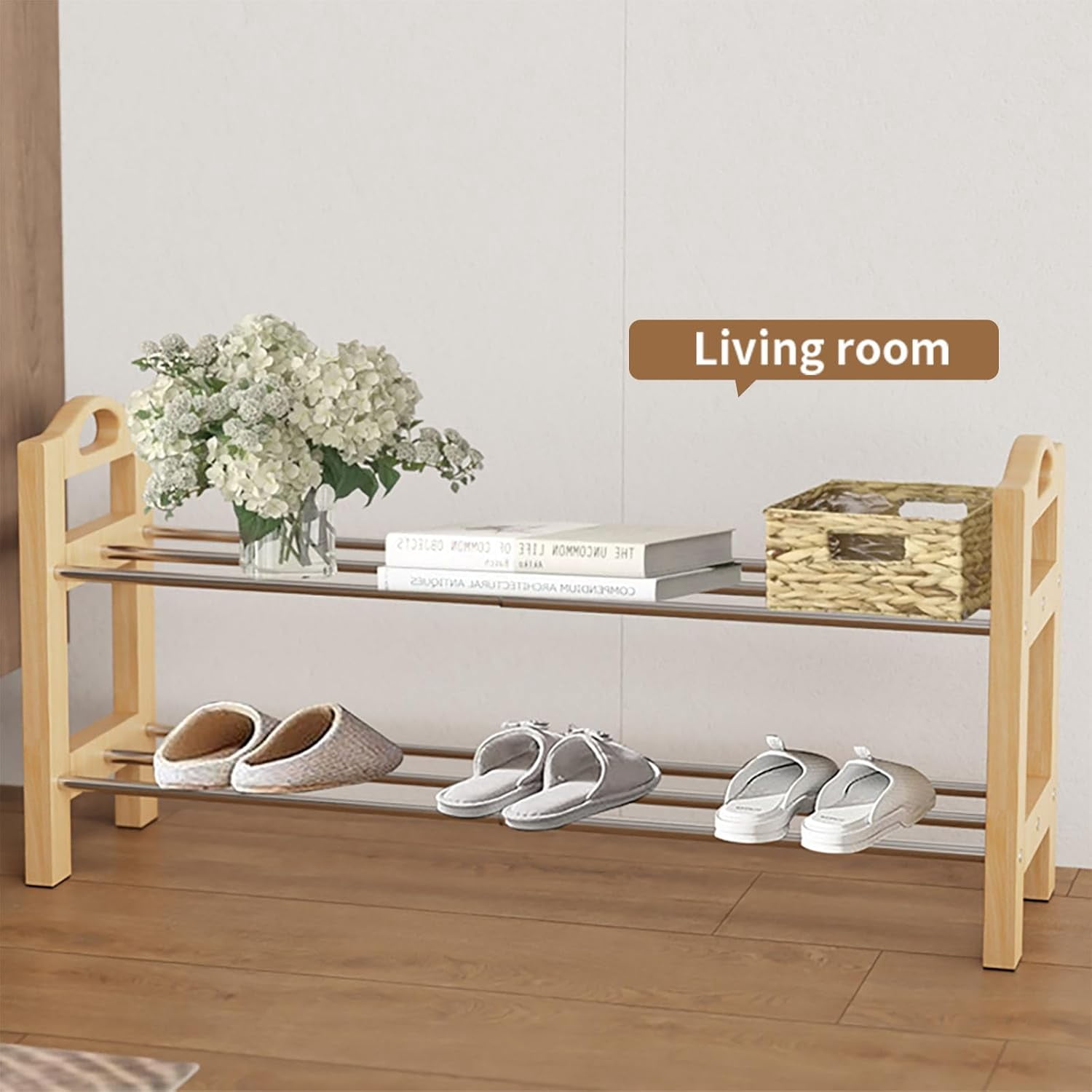 THENNIKIGO Rectangular Shoe Rack Made of Logs Shoe Rack-01 Adult 2-Tier Expandable Freestanding Shoe Rack, Brown, Holds up to 10-Pairs of Shoes