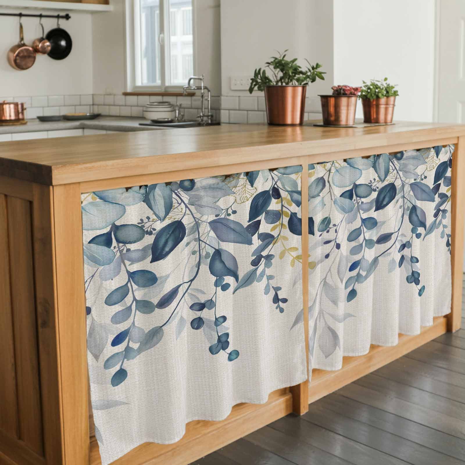 Navy Blue Eucalyptus Tier Curtains 36 Inch Length, Farmhouse Weeping Leaves Linen Cafe Short Curtains for Bathroom Over Sink, Small Kitchen Curtain Light Filtering Tiered Drapes 2 Panels 27.5"Wx36"L