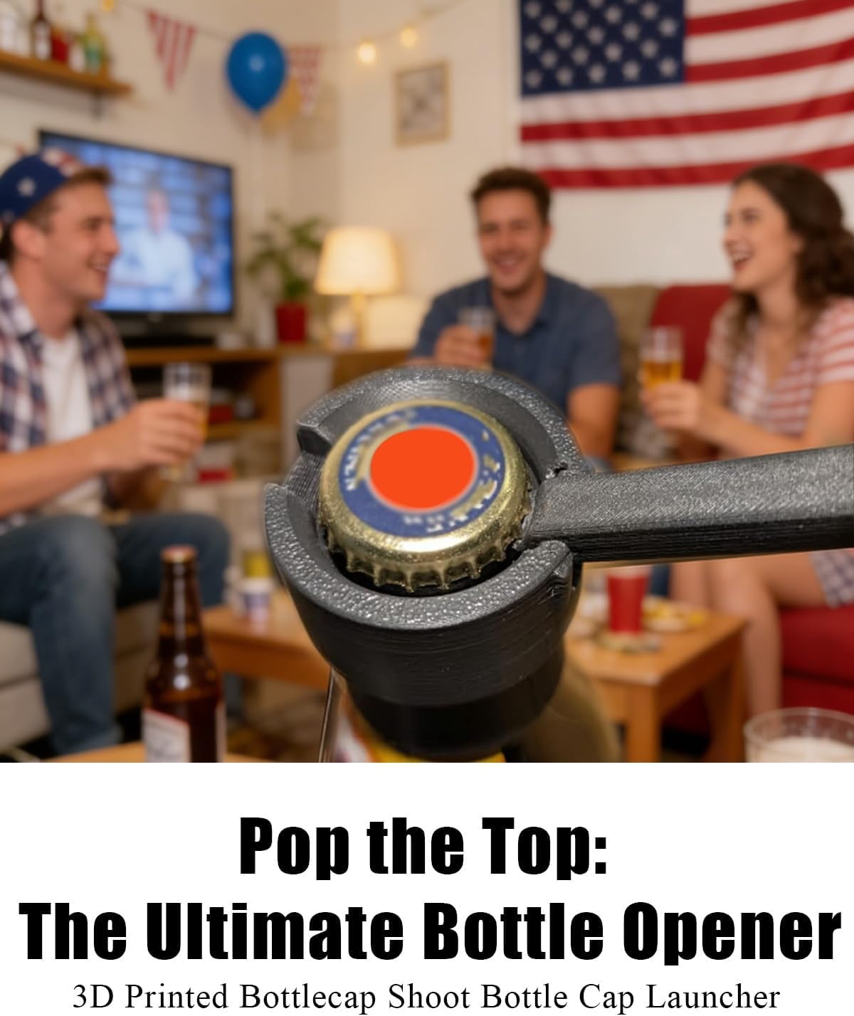 Bottle Cap Launcher with Opener - 3D Printed Push Down Bottle Opener That Shoots Caps, Funny Beer Opening Tool for Party, Home Bar, Picnic, Camping & Kitchen, Novelty Gift for Men