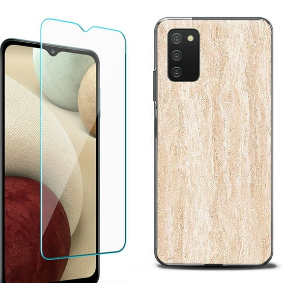 Slim-Fit Protective Fashion Phone Case (Black) for Samsung Galaxy A03s, with Tempered Glass Screen Protector, by OneToughShield ® - Marble/Coffee Tone