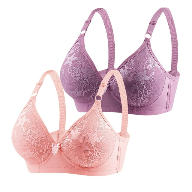 Bowake 2 Pack Wireless Full Coverage Plus Size Bras for Women Comfort Lace Bralettes Lift V Neck Bra Pink 2