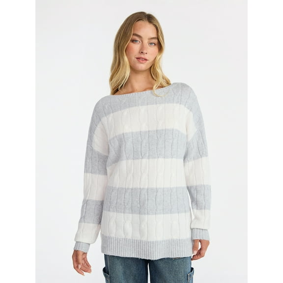 No Boundaries Boatneck Pullover Cable Knit Sweater, Lightweight, Women's