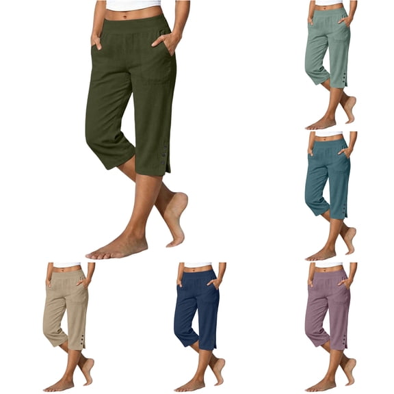 WERYOUNG Casual Summer Straight Leg Capri Pants For Women With Pockets Loose Beach Trousers Daily Wear Breathable Bottom L