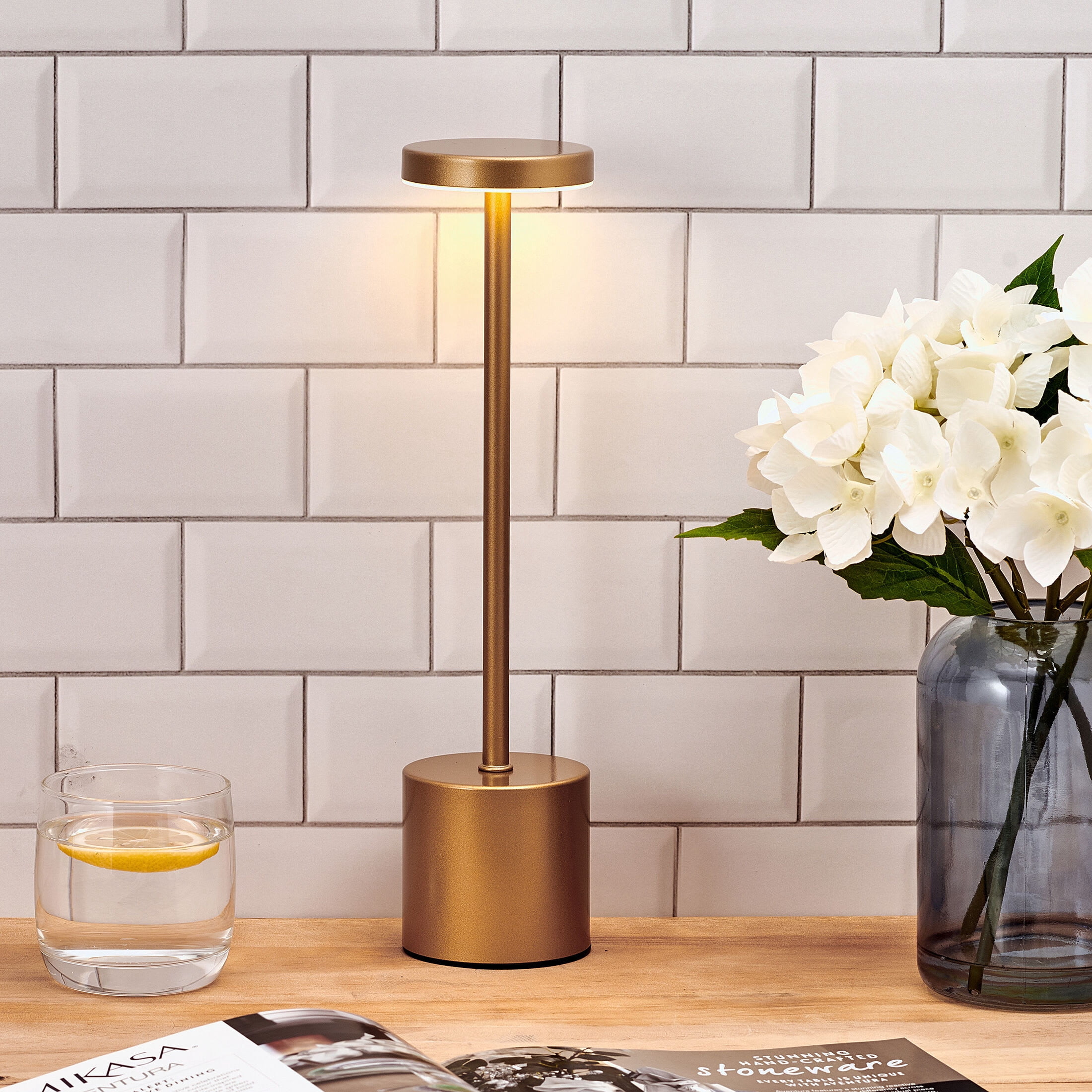 Home Accents 13.5 Inch LED Cordless Metal Table Lamp, Rechargeable 3 Color Stepless Dimming, Gold