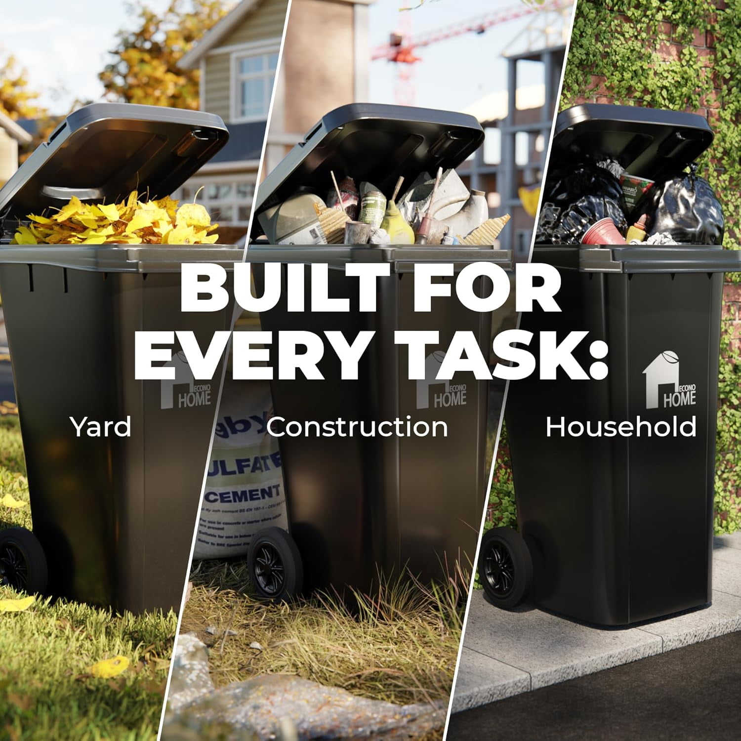 EconoHome Outdoor Garbage Can with Lid - 32 Gallon Trash Can for Backyard, Deck, Garage - Dual Wheels, Extra Heavy-Duty, Durable Handle - Versatile Home & Commercial Storage Container - Black, 2-Pack