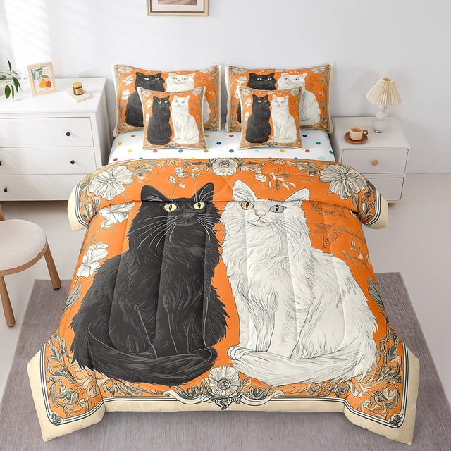 7 Pieces Twin Size Couple Cat Comforter Set,Valentine's European Style Botanical Flowers Bedding Set for Boys Girls,Cartoon Animal Pet(Comforter+Fitted+Flat Sheet+2 Pillowcases+2 Throw Pillow Covers)